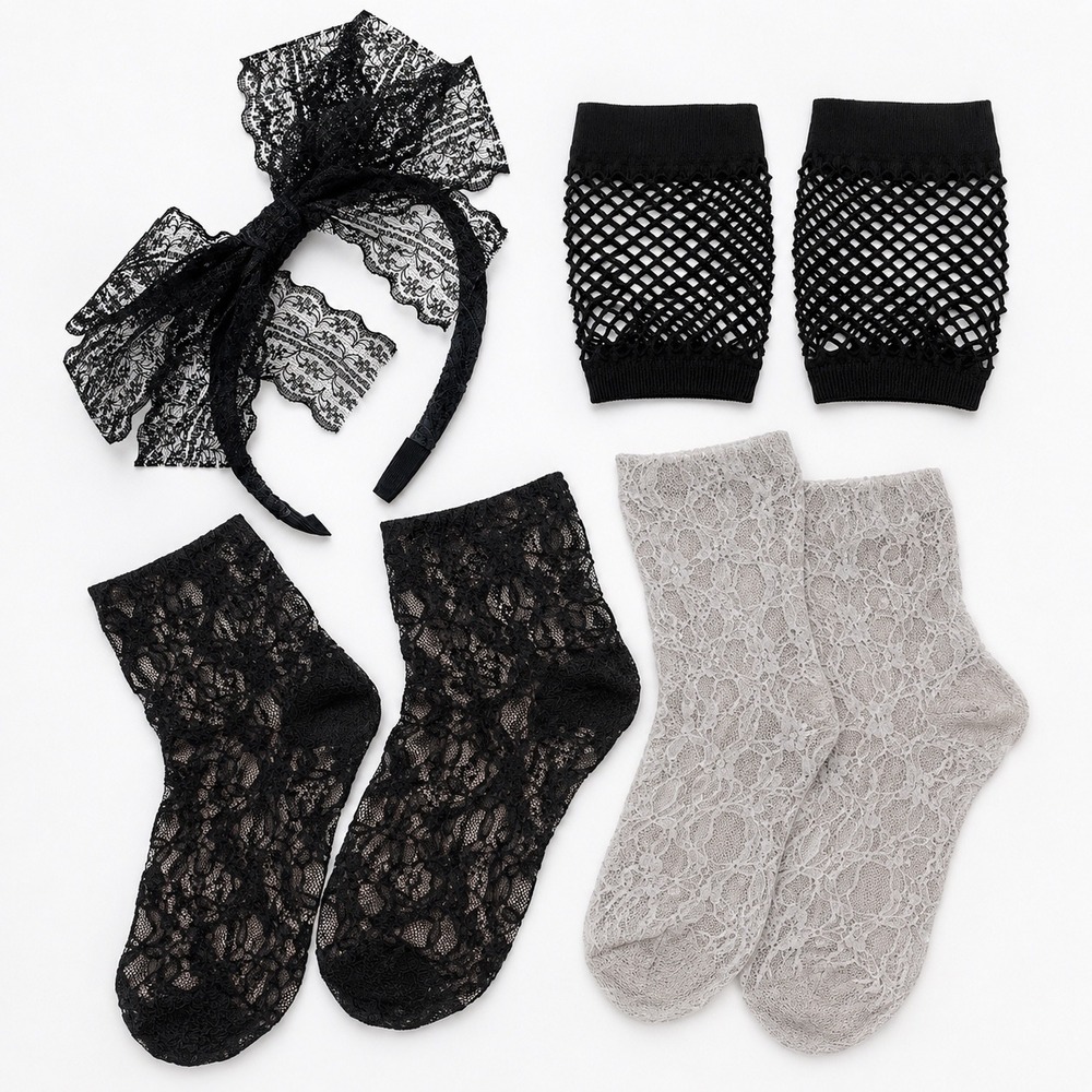 80s Goth Lace Socks Fishnet Gloves Bow Headband‎ Costume Set